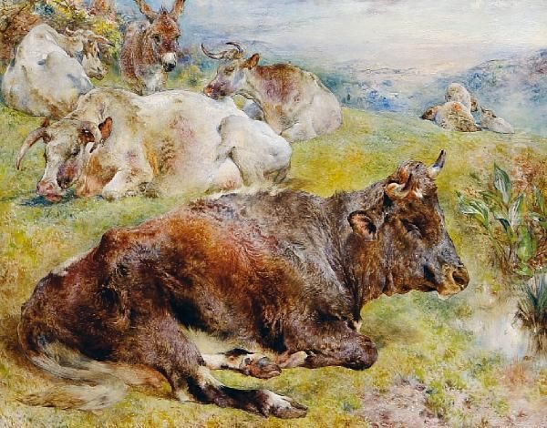 Cattle, Donkey And Sheep In A Pastorallandscape Oil Painting by William Huggins