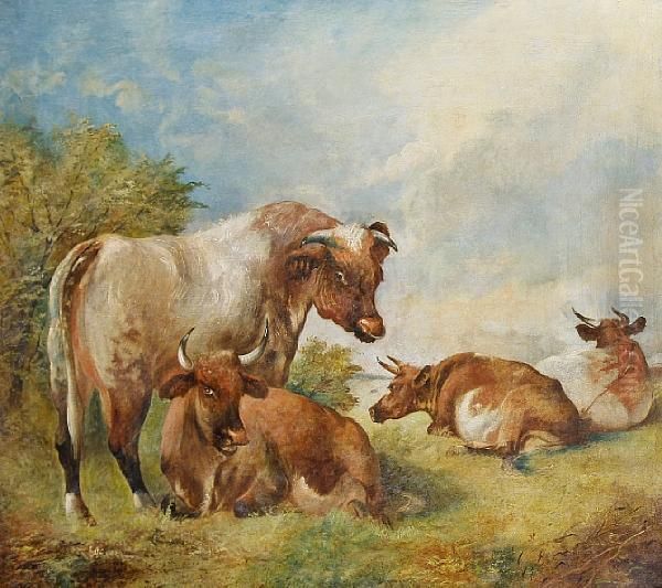 Cattle In A Summer Landscape Oil Painting by William Huggins