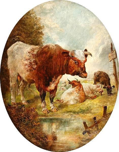 Bull And Cows By A Stream Oil Painting by William Huggins