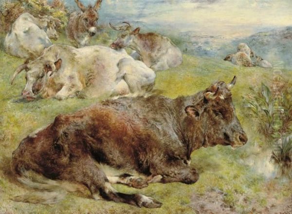 Cattle, Donkey And Sheep In A Pastoral Landscape Oil Painting by William Huggins