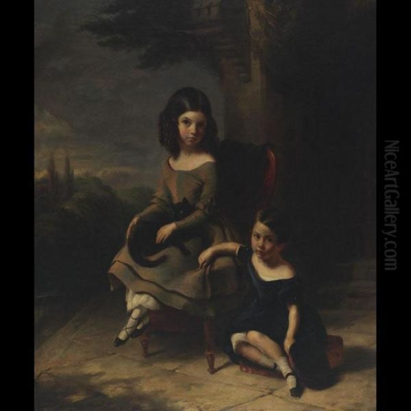 Children With A Cat Seated In A Landscape Oil Painting by William Huggins