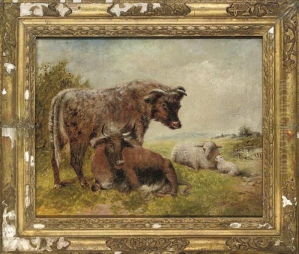 Cattle And Sheep In A Landscape Oil Painting by William Huggins