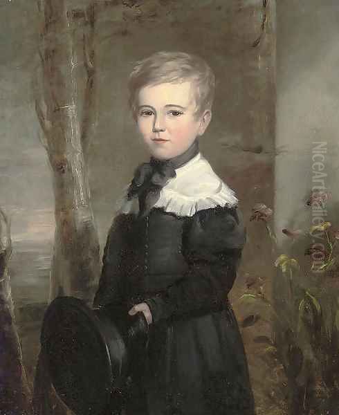 Portrait of a young boy, three-quarter-length, in school uniform, holding a black hat in his left hand, in a landscape Oil Painting by John James Masquerier