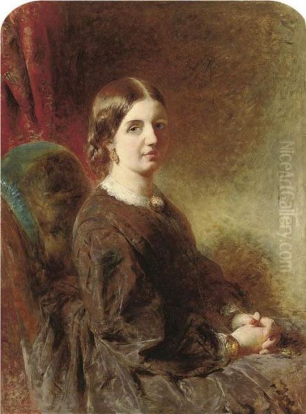 Portrait Of The Artist's Wife, Seated Half-length, In A Browndress Oil Painting by William Huggins