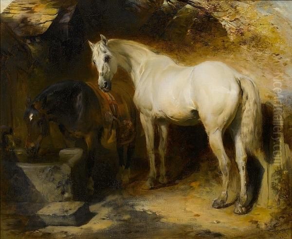 Horses Watering Oil Painting by William Huggins