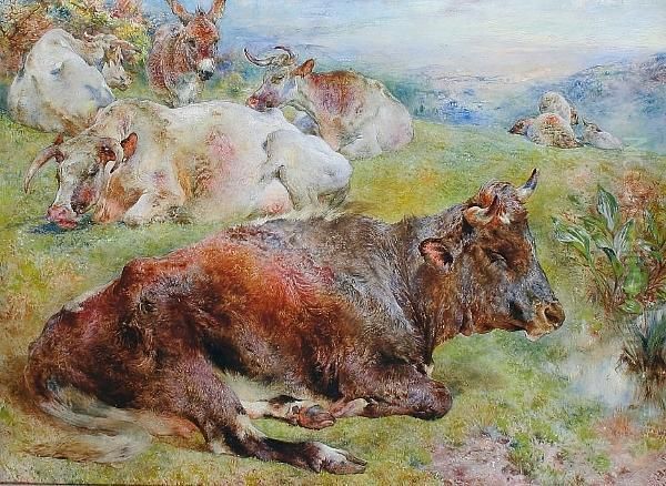 Cows And Donkey In A Landscape Oil Painting by William Huggins