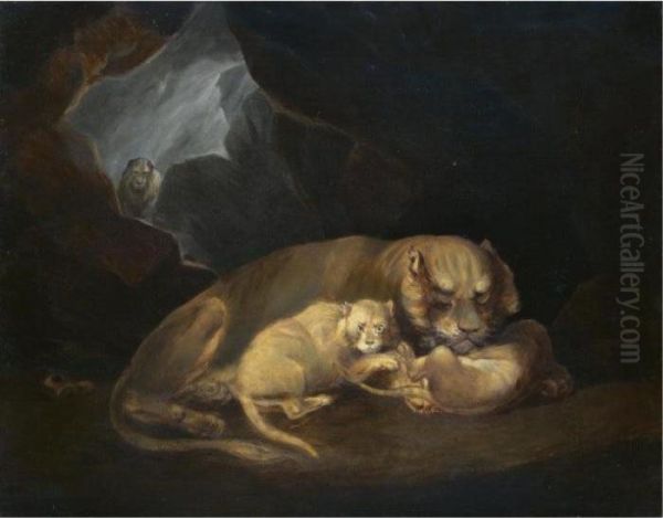 A Lioness In A Cave With Her Cubs Oil Painting by William Huggins