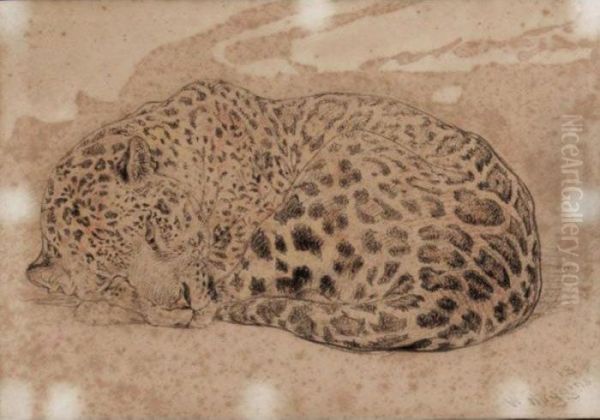 A Leopard Oil Painting by William Huggins