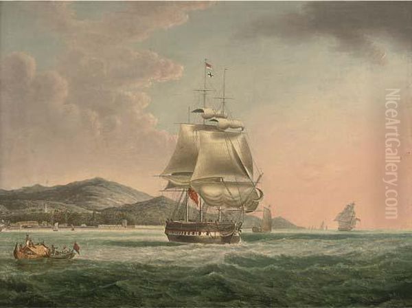 A Frigate Setting Sail Off Penang Oil Painting by William Huggins