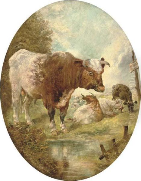 A Bull In A Landscape Oil Painting by William Huggins