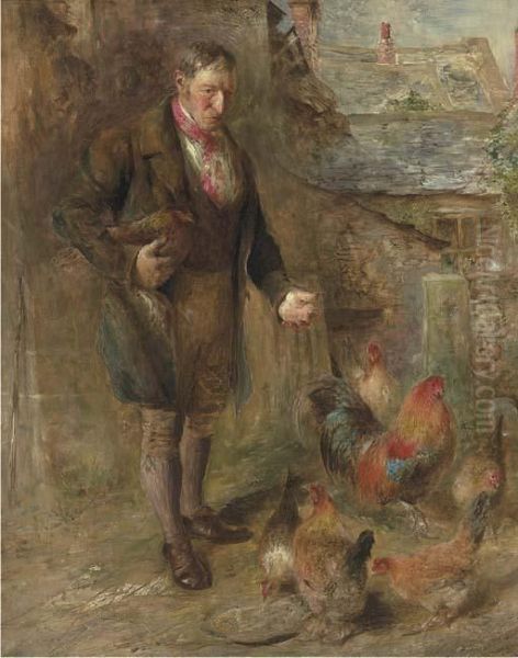 Self Portrait Of The Artist With His Chickens Oil Painting by William Huggins