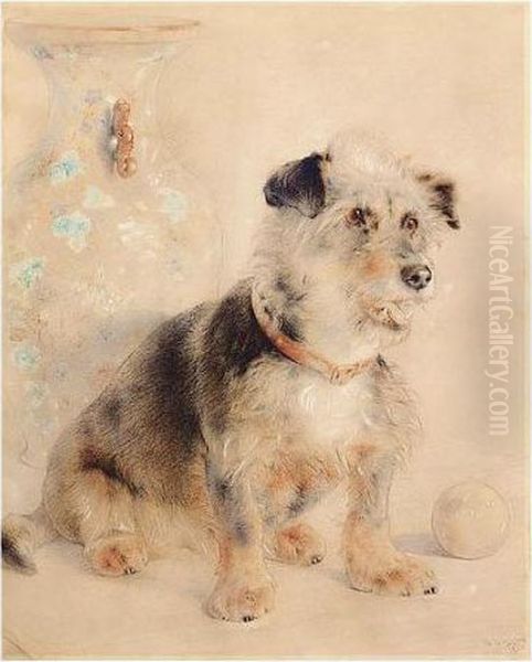 Terrier Seated Before A Canton Famille Rose Vase Oil Painting by William Huggins