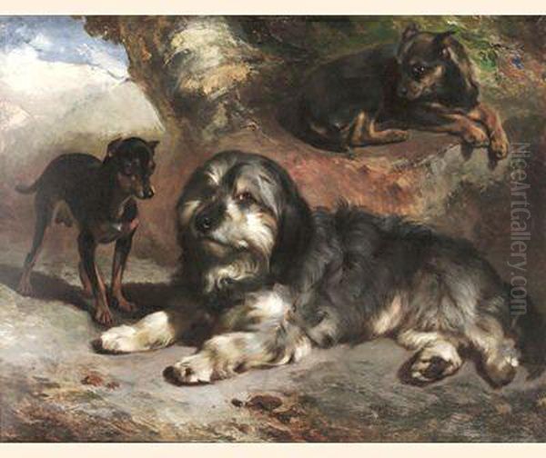 Faithful Friends, A Border Collie And Two Terriers In Alandscape Oil Painting by William Huggins