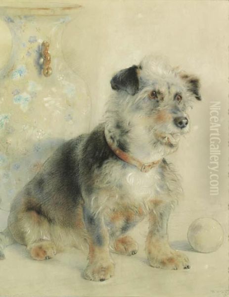 Study Of A Terrier, Sitting Before A Cantonese Famille Rosevase Oil Painting by William Huggins