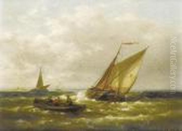 A Dutch Barge Running Out To Sea On The Tidewith Other Craft Beyond Oil Painting by Abraham Hulk Jun.