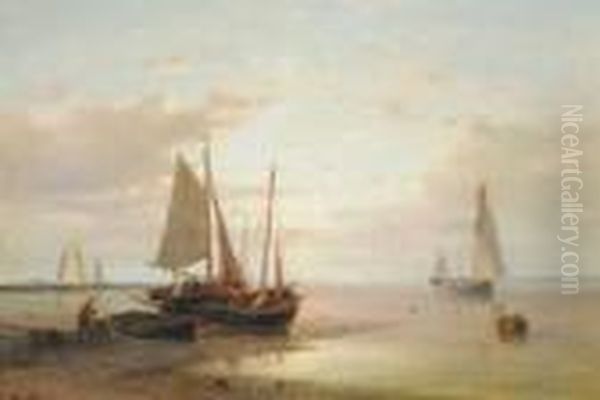 Abendstimmung Mit Segelbooten Und Fischern Amufer Oil Painting by Abraham Hulk Jun.