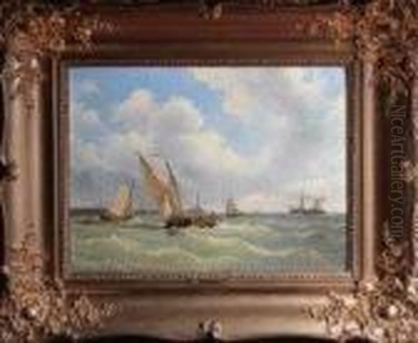 A Dutch Harbour Scene With Sailing Barges And A Paddlesteamer Oil Painting by Abraham Hulk Jun.