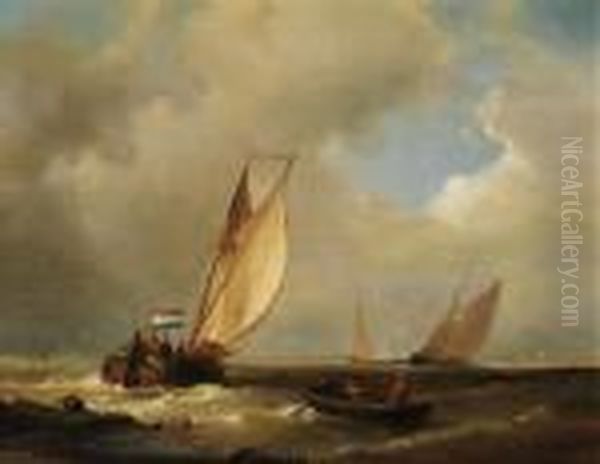 A Platbodem Sailing Under Dutch Flag Oil Painting by Abraham Hulk Jun.