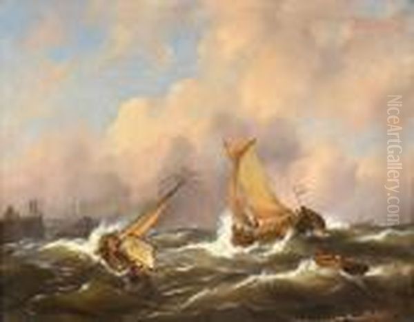 Barcas Pesqueras Cerca De Un Muelle Oil Painting by Abraham Hulk Jun.