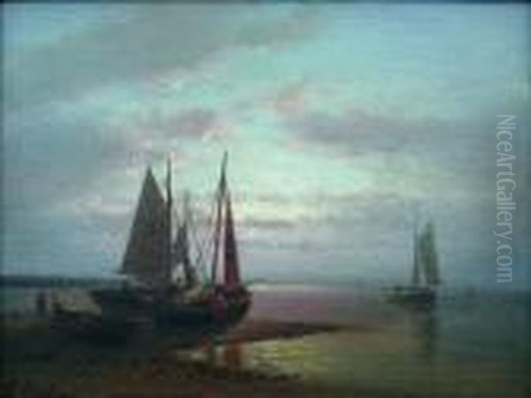 Beached Boats At Sundown Oil Painting by Abraham Hulk Jun.