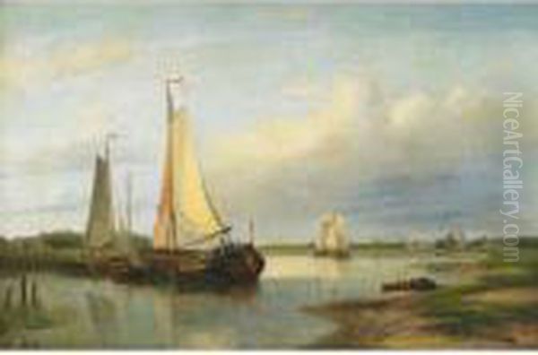 Figures Boarding Boats On A Dutch Coast Oil Painting by Abraham Hulk Jun.