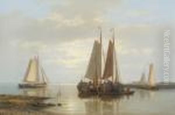 Dutch Fishing Boats And Figures In A Calm Off A Coastline Oil Painting by Abraham Hulk Jun.