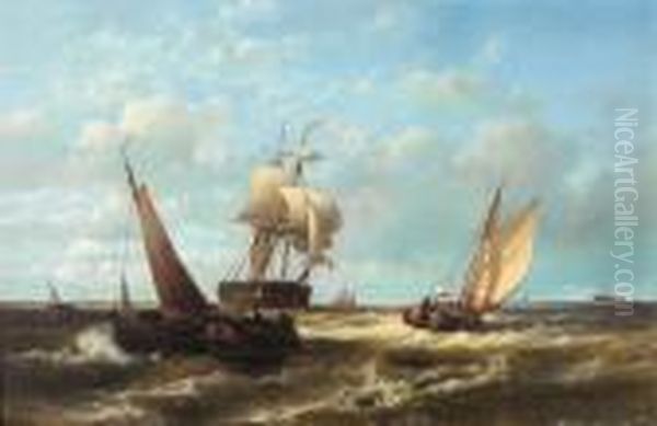 Barges And Small Traders In A Stiff Breezeoffshore Oil Painting by Abraham Hulk Jun.