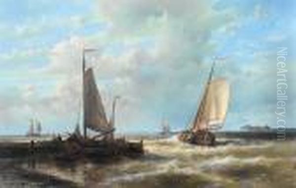 A Dutch Barge Heading Out Of Harbour On Thetide Oil Painting by Abraham Hulk Jun.