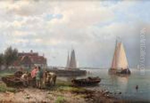 Coastal Scene With Fishing Boats And Fishermenon The Shore Oil Painting by Abraham Hulk Jun.