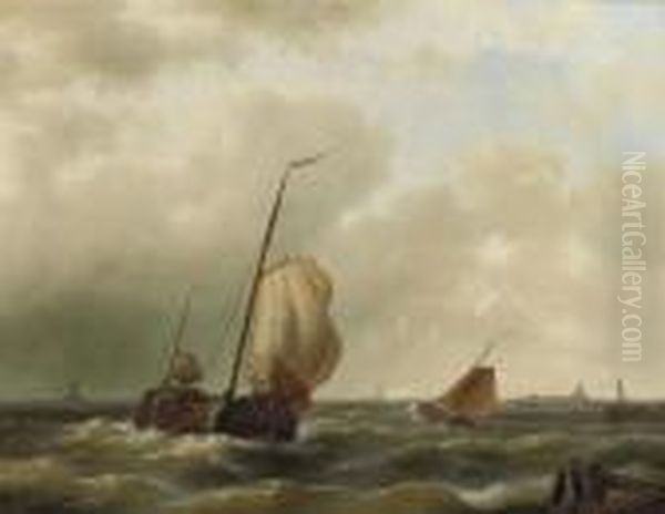 Sailing Vessels On Choppy Water Oil Painting by Abraham Hulk Jun.