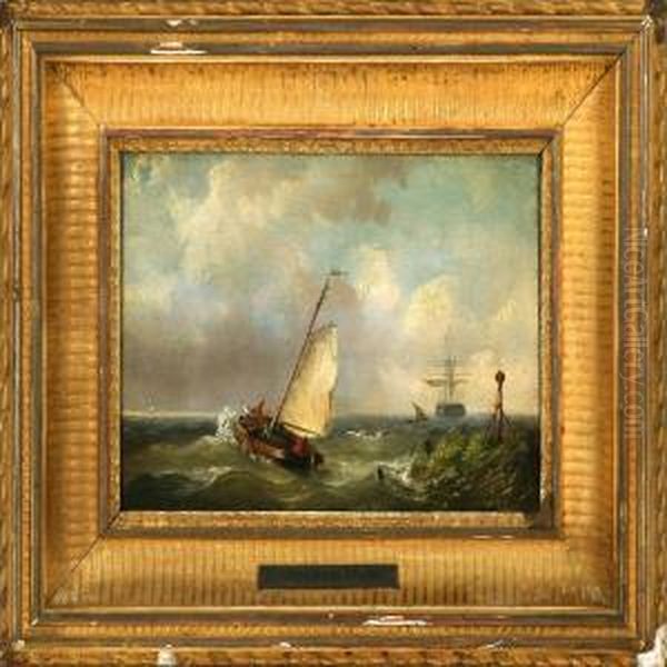 Marine With A Yacht And A Barque Passing A Coast In Heavy Sea Oil Painting by Abraham Hulk Jun.