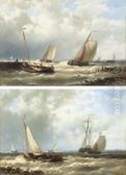 Dutch Fishing Boats In A Harbour Entrance Oil Painting by Abraham Hulk Jun.