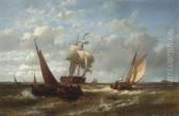 Dutch Craft And A Trader Off The Coast Oil Painting by Abraham Hulk Jun.