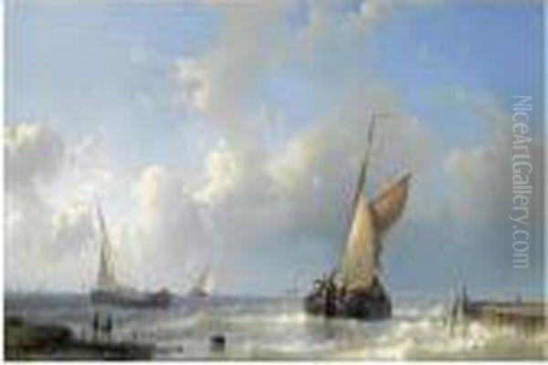 Fishing Boats In Choppy Waters Oil Painting by Abraham Hulk Jun.