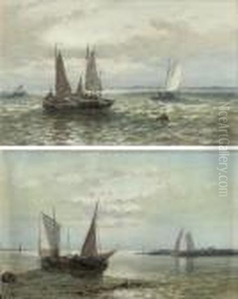 Sailing On A Choppy Sea; And Ships By Low Tide Oil Painting by Abraham Hulk Jun.