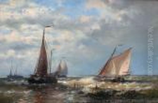 Fishing Boats At Sea Oil Painting by Abraham Hulk Jun.