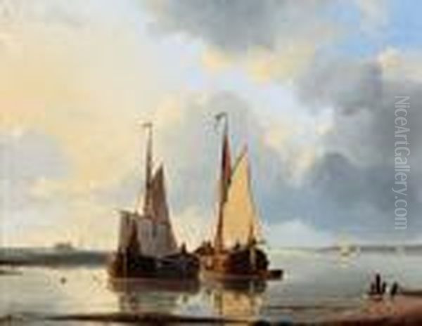 Vissersboten Voor Anker Inriviermonding Oil Painting by Abraham Hulk Jun.