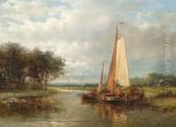 Figures On A Barge, In A A Tranquil River Scene Oil Painting by Abraham Hulk Jun.