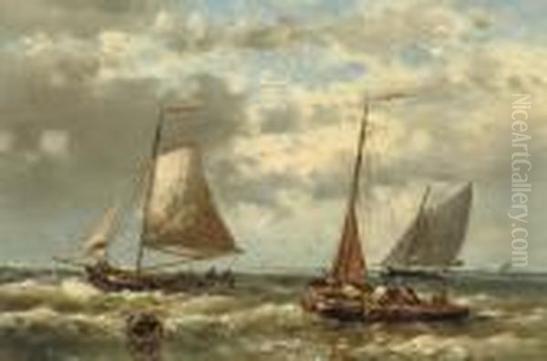 Fishing Vessels In Stormy Waters Oil Painting by Abraham Hulk Jun.