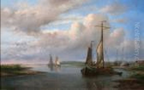 Rivierlandschap Met Platbodems Voor Anker Oil Painting by Abraham Hulk Jun.