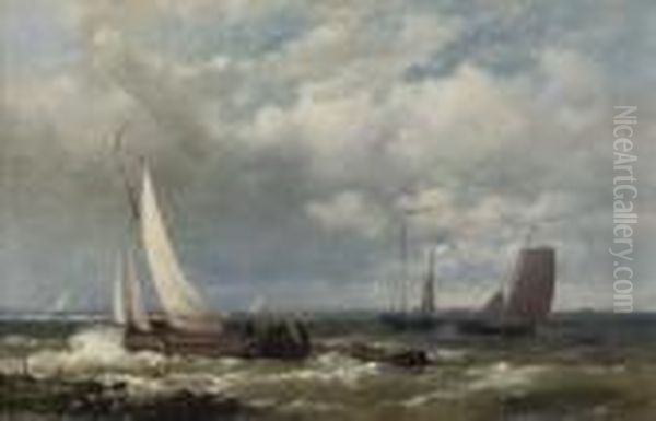 Sailing-vessels On A River Estuary: And A Calm Harbour In Late Afternoon Oil Painting by Abraham Hulk Jun.