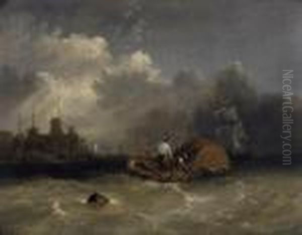 Fisherboat On The Coast With Upcoming Rain. Signed Lower Left: A. Hulk Oil Painting by Abraham Hulk Jun.