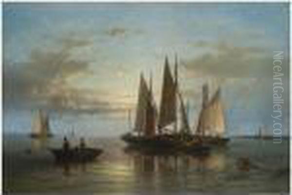 Boats Clustered By The Shore Oil Painting by Abraham Hulk Jun.