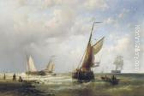 A Busy Dutch Waterway Oil Painting by Abraham Hulk Jun.