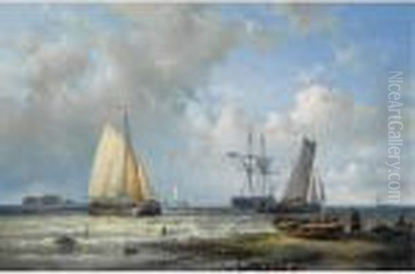 Dutch Barges In A Calm Oil Painting by Abraham Hulk Jun.