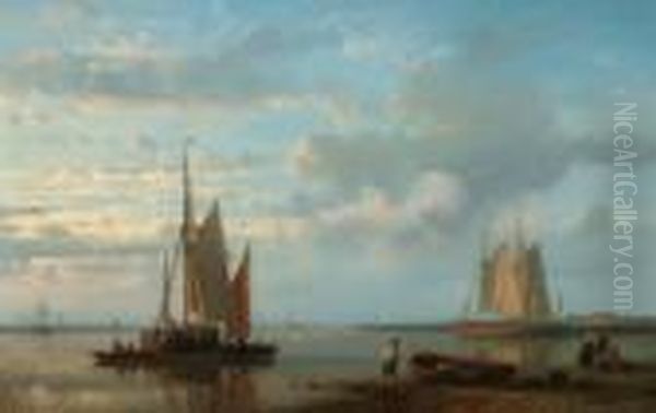 Figures By A Tranquil Shore With Moored Barges And Tall Ships In The Distance Oil Painting by Abraham Hulk Jun.