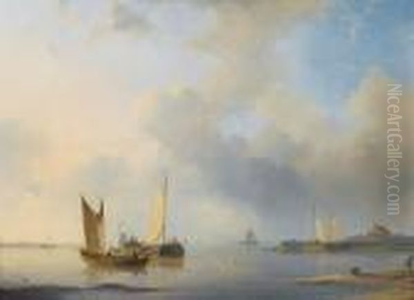 Dutch Barges In A Calm Oil Painting by Abraham Hulk Jun.