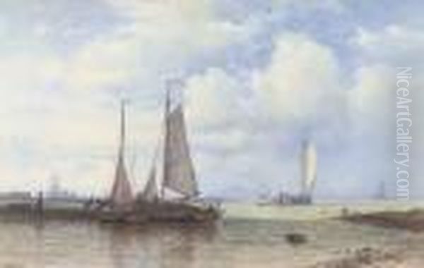 Barges On The Scheldt In The Early Morning Light Oil Painting by Abraham Hulk Jun.