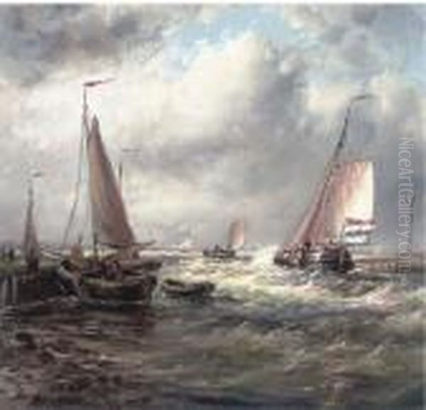 A Stiff Breeze At The Harbour Mouth Oil Painting by Abraham Hulk Jun.