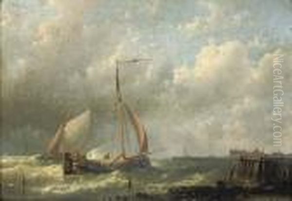 Ships Near A Jetty Oil Painting by Abraham Hulk Jun.